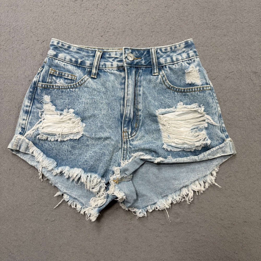 Y2K Denim Booty Shorts Women's XS Blue Light Wash High Rise Cut Off‎ Distressed
